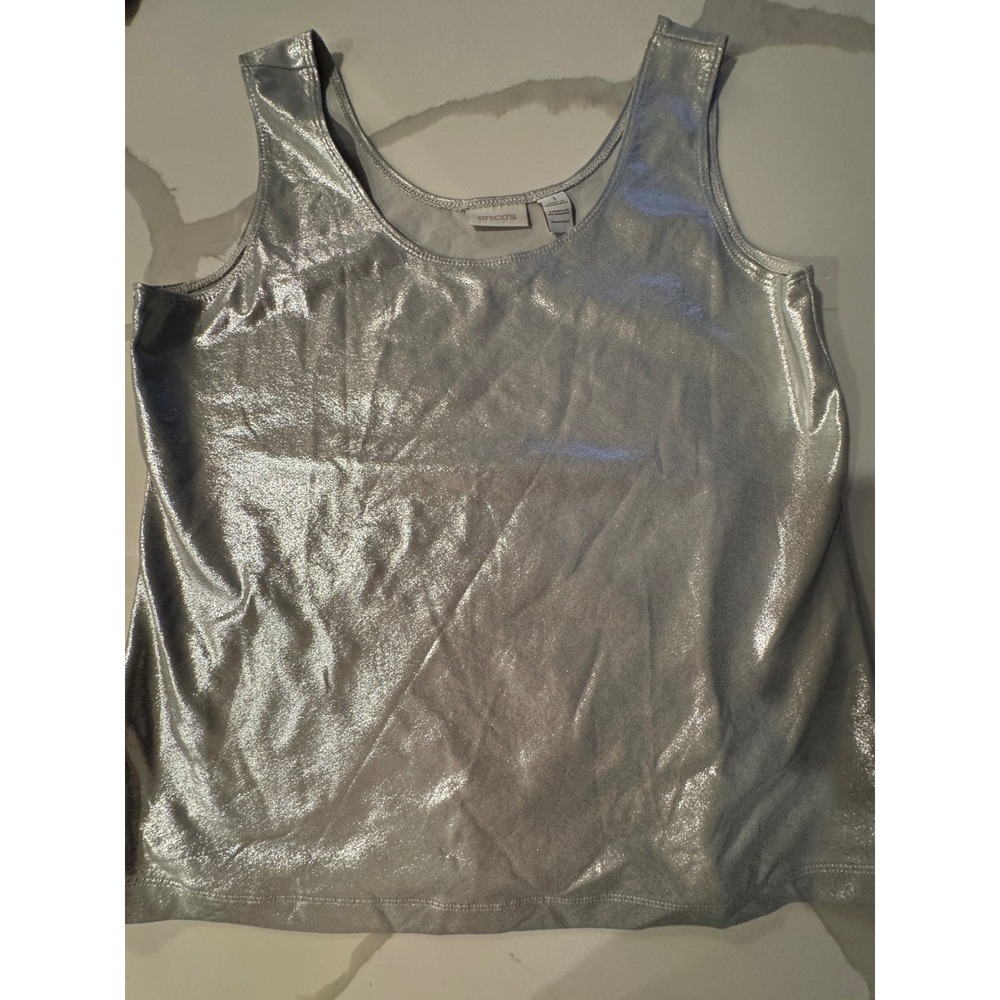 Chicos Silver Metallic Tank Top Shimmer Scoop Neck‎ Sleeveless Blouse Womens 1 M